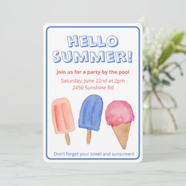 Hola verano acuarela Popsicle Party Invitación (Anverso de pie)