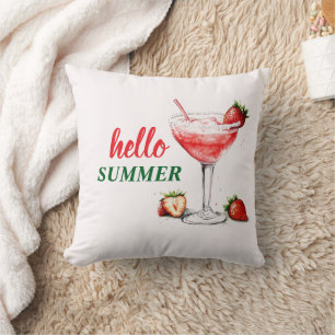 Hola Verano Almohada Cóctel de Fresa Acuarela