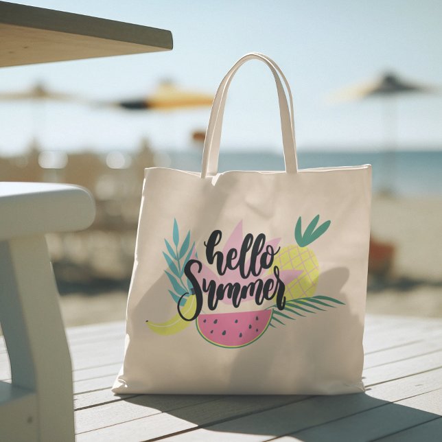 Hola verano con la bolsa de tocador tropical Flami (hello summer, beach tote bag, vacation tote bag, school tote bag, colorful typography, gift for her)