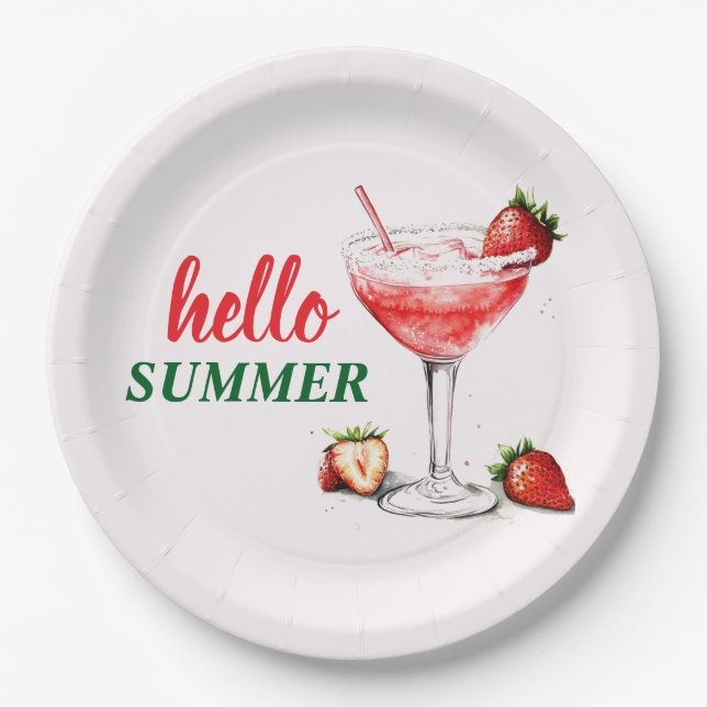 Hola Verano | Platos de Papel de Cóctel de Fresa (Anverso)