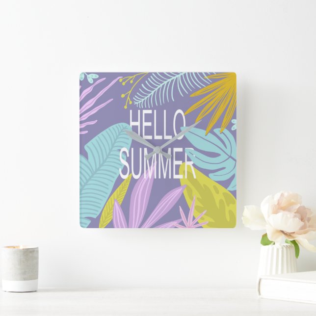 Hola verano tropical | Reloj de pared cuadrado (Hogar)