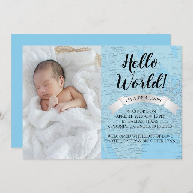 hola World Baby Blue World Map Anuncio de nacimien (Anverso / Reverso)