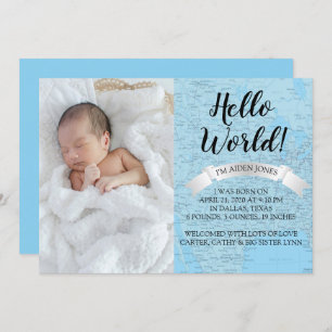 hola World Baby Blue World Map Anuncio de nacimien