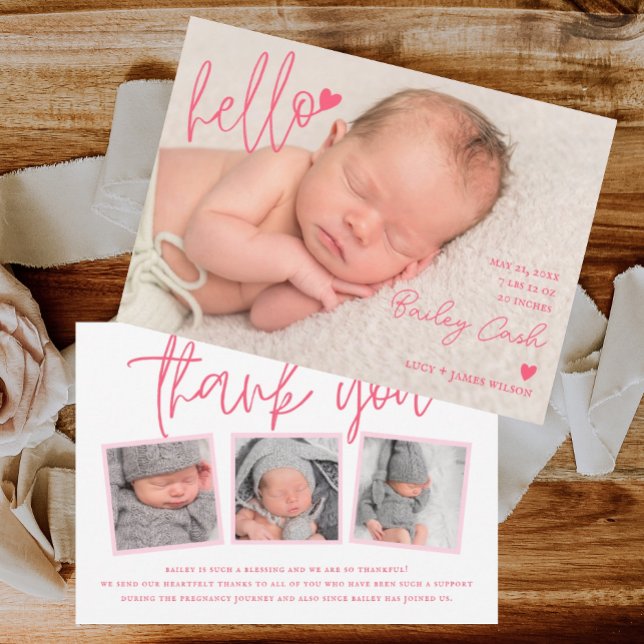 Hola y gracias anuncio de nacimiento rosado (birth announcement, baby announcement, pink, overlay, template, thank you, hello, heart, download)