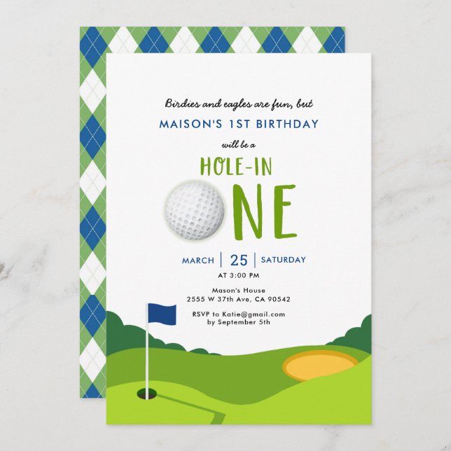 Hole In One Golf 1er Cumpleaños Party Invitación (Anverso / Reverso)