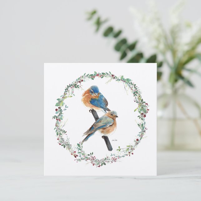 Holiday Bluebirds Pareja Watercolor Art (Anverso de pie)