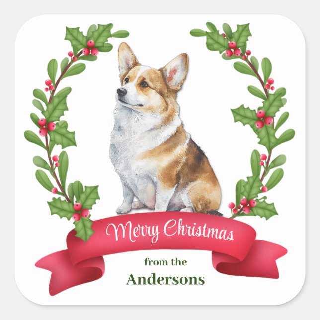 Holly Banner Corgi Dog Navidades Pegatina cuadrado (Anverso)