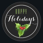 Holly & Berries Feliz Pegatina de feriados<br><div class="desc">Holly con diseño de Berries con un saludo de Feliz Navidad en blanco. Excelente para envolver regalos,  sellar sobres,  adjuntar etiquetas a un paquete o poner en tus hijos bolsas de almuerzo!!</div>