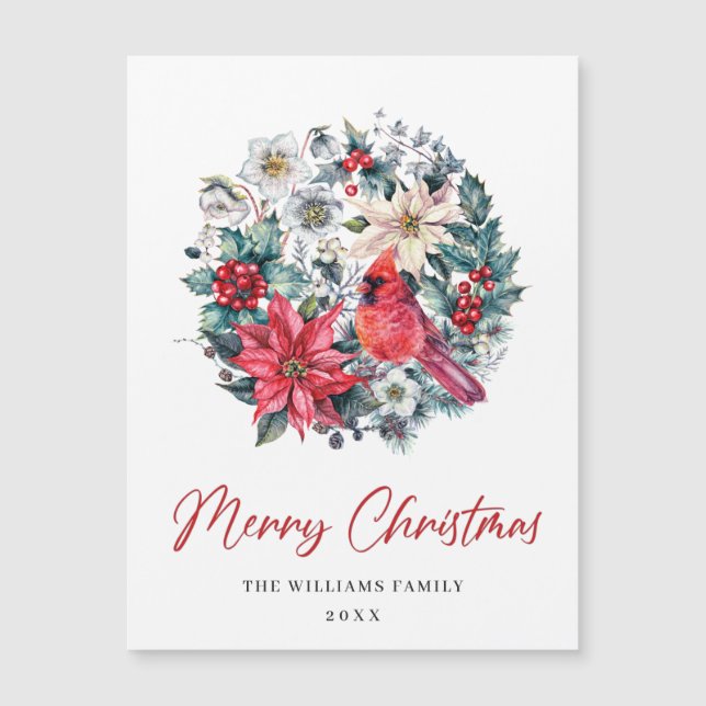 Holly Berry Cardinal Merry Christmas Magnetic Card (Anverso)