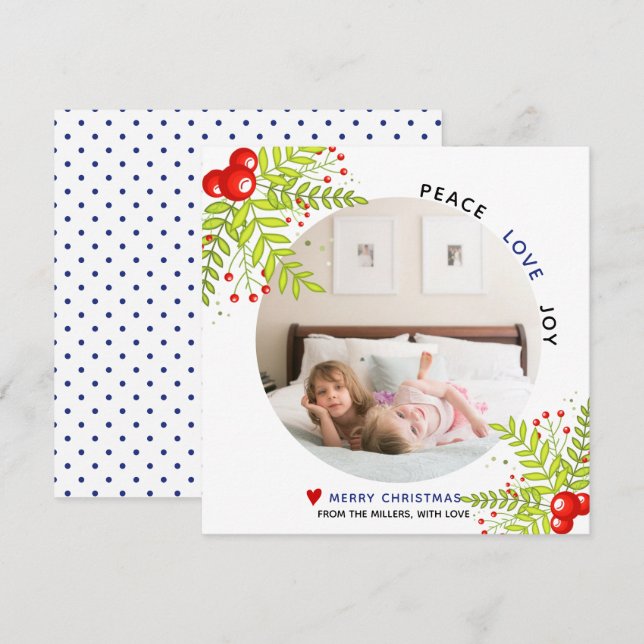 Holly berry Peace Love Joy Navidad azul foto (Anverso / Reverso)