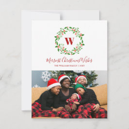 Holly Berry Wreath Monograma tarjeta fotográfica d