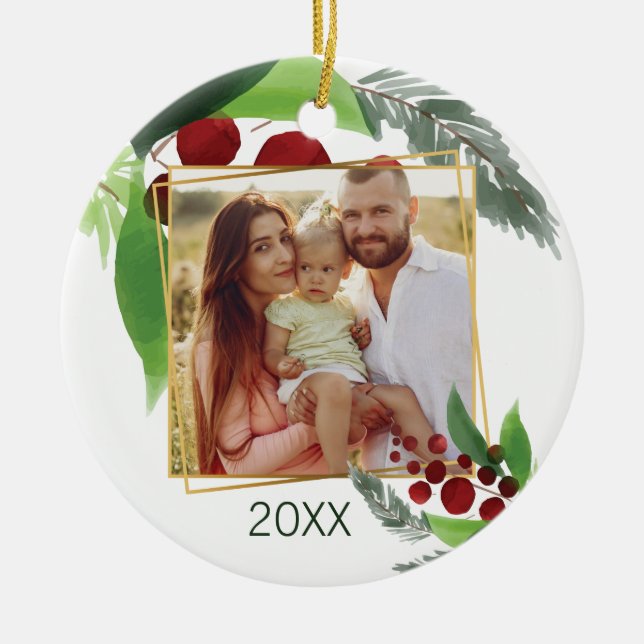 Holly Branches Foto Ornamento de Navidad (Frente)