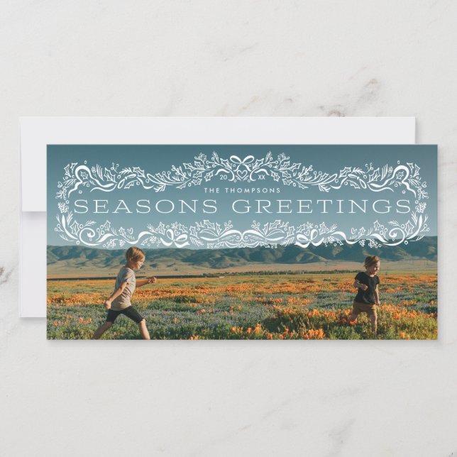 Holly Framed Seasons Greetings Photo Holiday Card (Anverso)