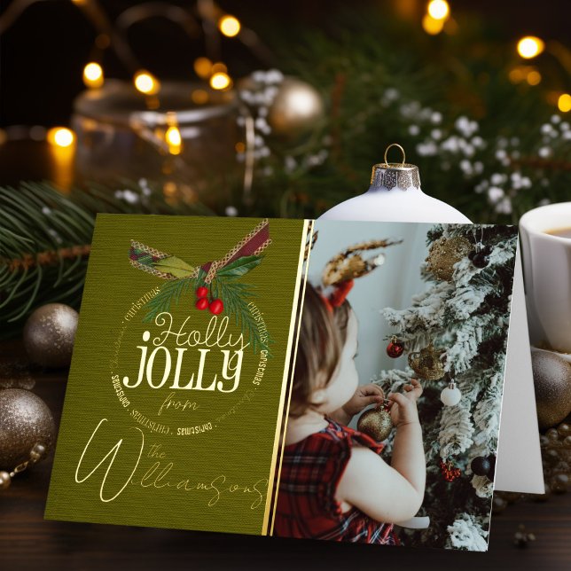 Holly Jolly Navidades Red con Holly Berry Gold (Elegant vintage holly jolly Christmas Card personalized holiday card with name)