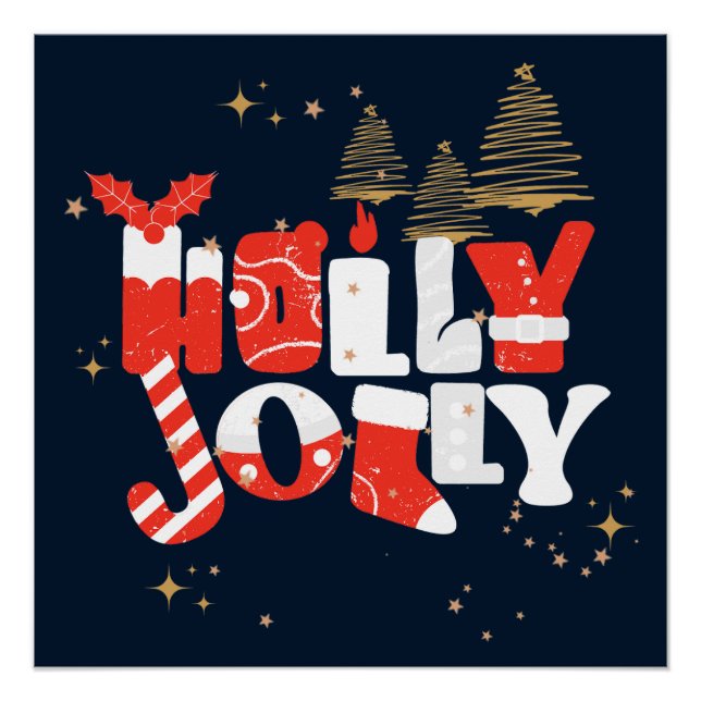 Holly Jolly Red White Gold Navidades Poster de inv (Anverso)