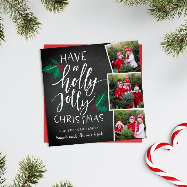 Holly Jolly | Tarjeta de Collage de fotos de vacac (A 3 photo holiday card with rustic appeal in a classic Christmas color palette.)