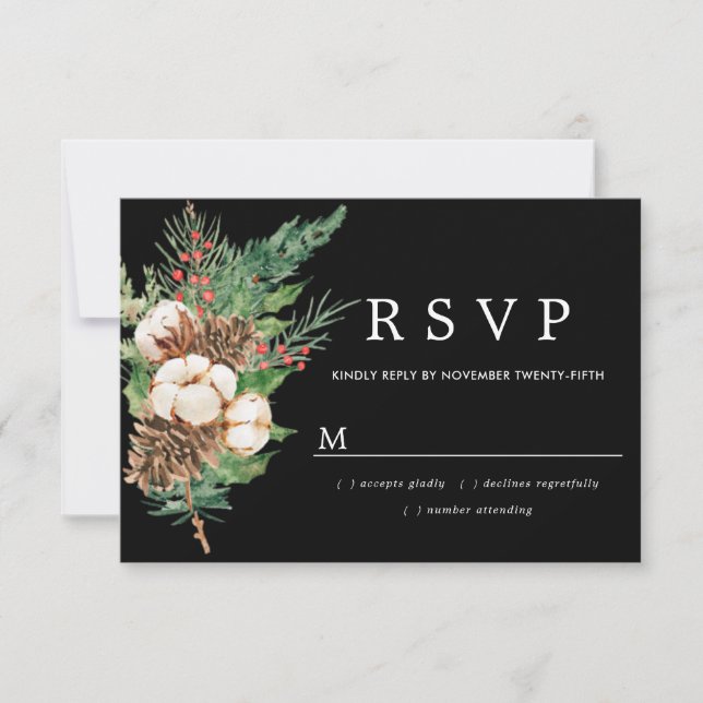 Holly Pine White Floral Boda de Invierno RSVP Card (Anverso)