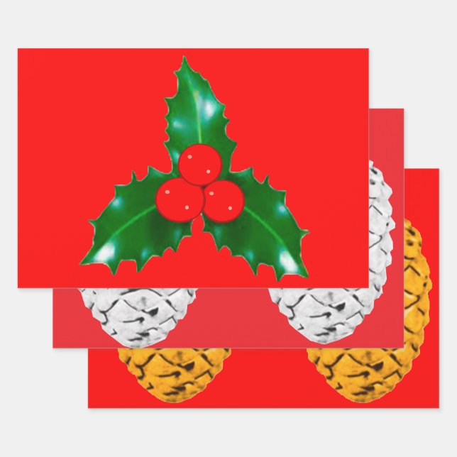 Holly y Pinecones Papel de envolver rojo (Set)