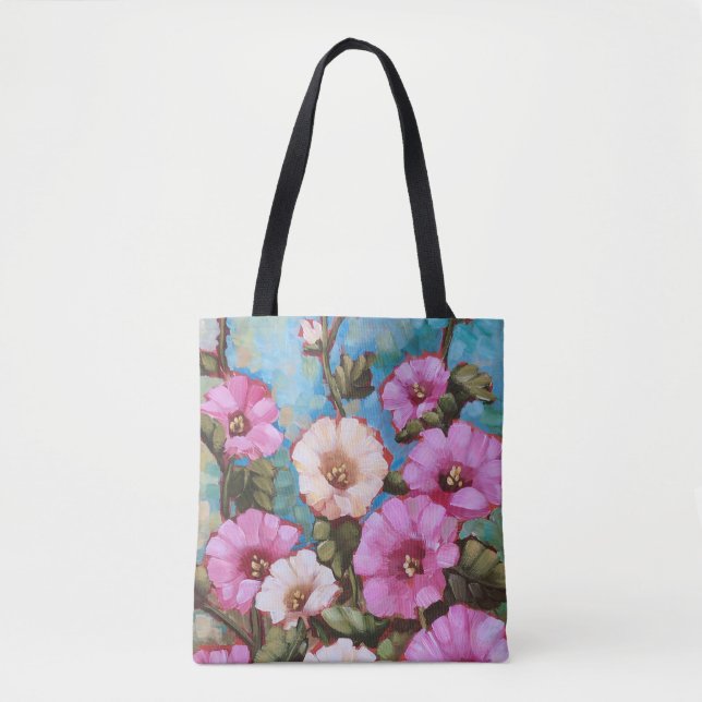 "Hollyhocks brillantes" 16" x 16" la bolsa de asas (Anverso)