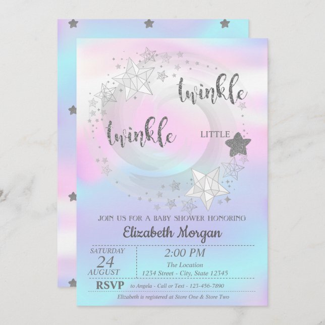 Holograp Twinkle Star Silver Invitación a ducha pa (Anverso / Reverso)