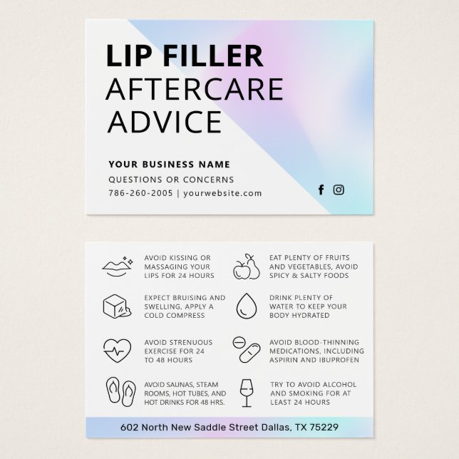 Holographic Lip Filler Aftercare Instructions Card (Anverso y reverso)