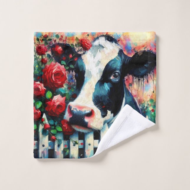 Holstein Cow Picket Fence Red Roses Black Red (Toallita)