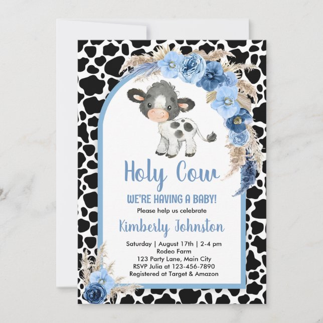 Holy Cow niño bebé ducha azul boho invitación a gr (Anverso)