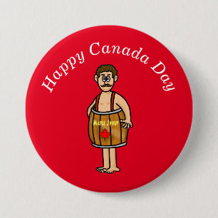 Hombre botón del Día de Canadá usando un barril de