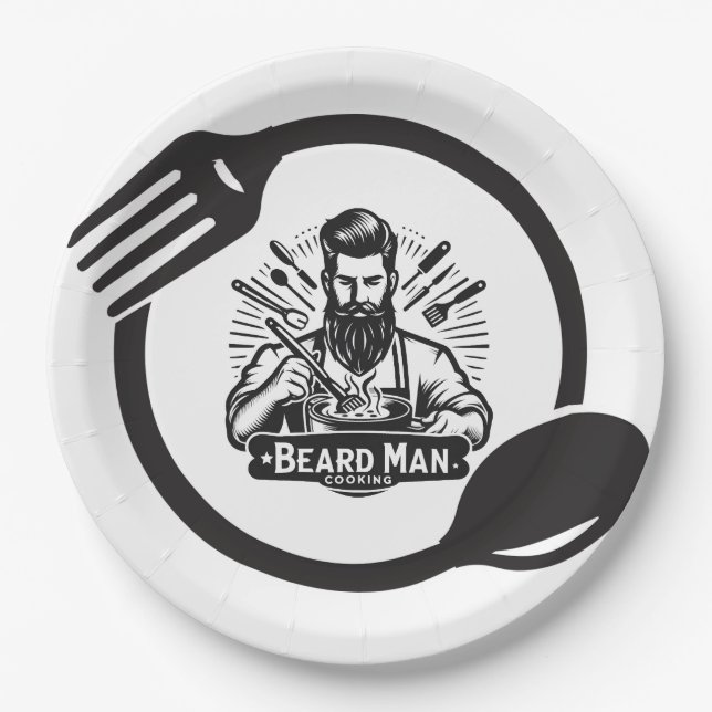 Hombre con Barba Cocinando Platos de Papel (Anverso)