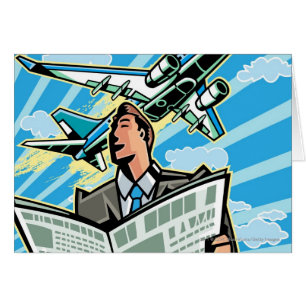 Hombre de negocios con el periódico y el aeroplan