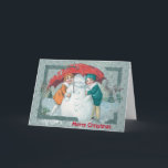 Hombre de nieve de Navidad vintage con niños<br><div class="desc">Niños abrazando a un muñeco de nieve con un paraguas rojo en un marco vintage. El texto se puede editar.</div>