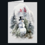 Hombre de nieve en el bosque con alegría roja<br><div class="desc">Una hermosa imagen de un muñeco de nieve en el bosque con un alegre JOY rojo que te llega por el versículo interior es FELIZ FESTIVIDAD en rojo Y mejores deseos para el Año Nuevo en negro</div>