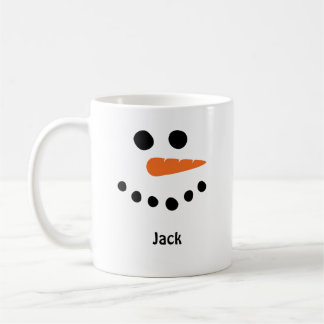 Hombre de nieve enfrenta taza de café. Personaliza