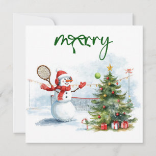Hombre de nieve juega tenis Navidad acuarela     