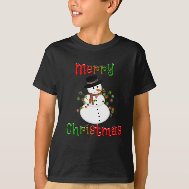 Hombre de nieve y luces Feliz camiseta navideña (Anverso)