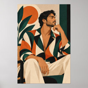 Hombre elegante en arte moderno de pared naranja y