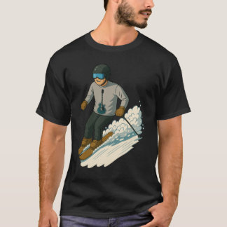 Hombre esquiando con camiseta de guitarra transpar