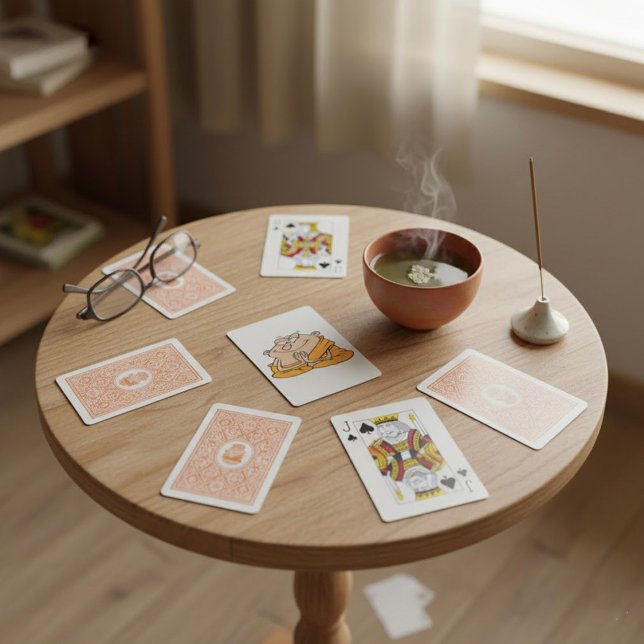 Hombre personalizado meditando cartas de juego (Subido por el creador)