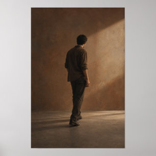 Hombre solitario en cálido interior soleado Arte f