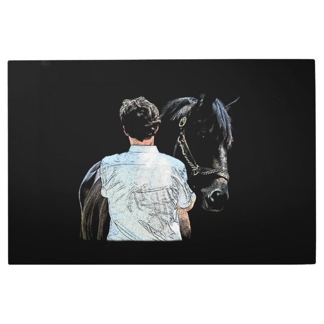 Hombre sosteniendo caballo oscuro arte en la pared (Anverso)