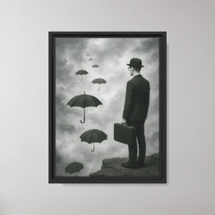 Hombre surrealista con paraguas sobre arte de lien