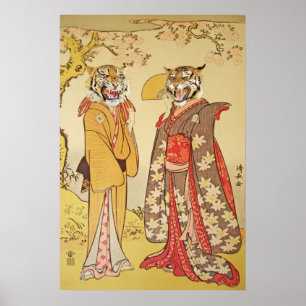 Hombre tigre y esposa pareja de impresión japonesa
