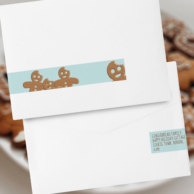 Hombres de pan de jengibre Navidades Devolver etiq (Cute gingerbread cookies wraparound labels waiting for you to add your address. Happy Holidays!)