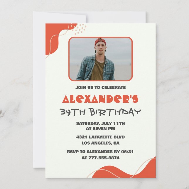 Hombres Foto 39 invitaciones de cumpleaños Rojo mo (Anverso)