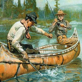 Hombres lanzan tarjeta de saludo de pesca