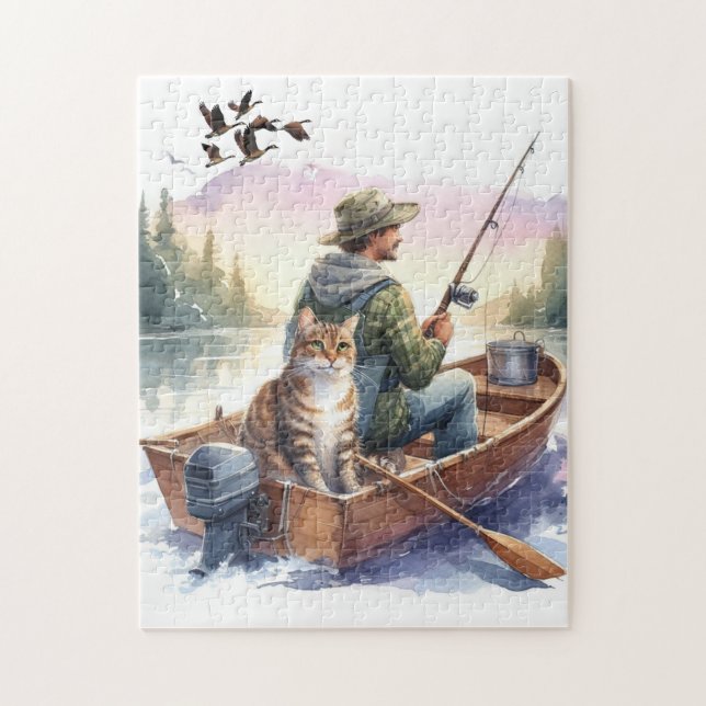 Hombres Reales Pescando con Gatos Rompecabezas de  (Vertical)