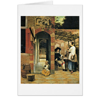 Hombres y una mujer en patio de Pieter de Hooch