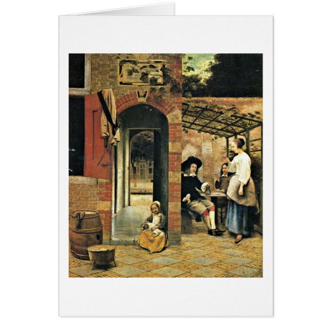 Hombres y una mujer en patio de Pieter de Hooch (Frente)