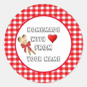 Homemade with Love Red Gingham Round Pegatina