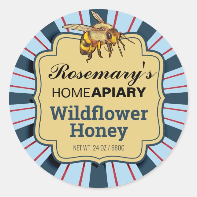 Honey Bee Sunburst Cornflower Blue Honey Pegatina (Anverso)